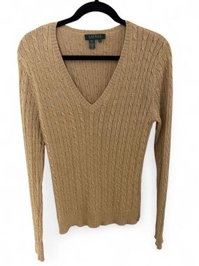 Ralph Lauren Tan Gold Cable-Knit V-Neck Sweater
